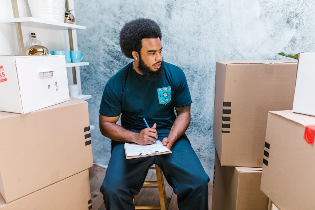 A Bearded Man Sitting on a Wooden Stool Near Cardboard Boxes